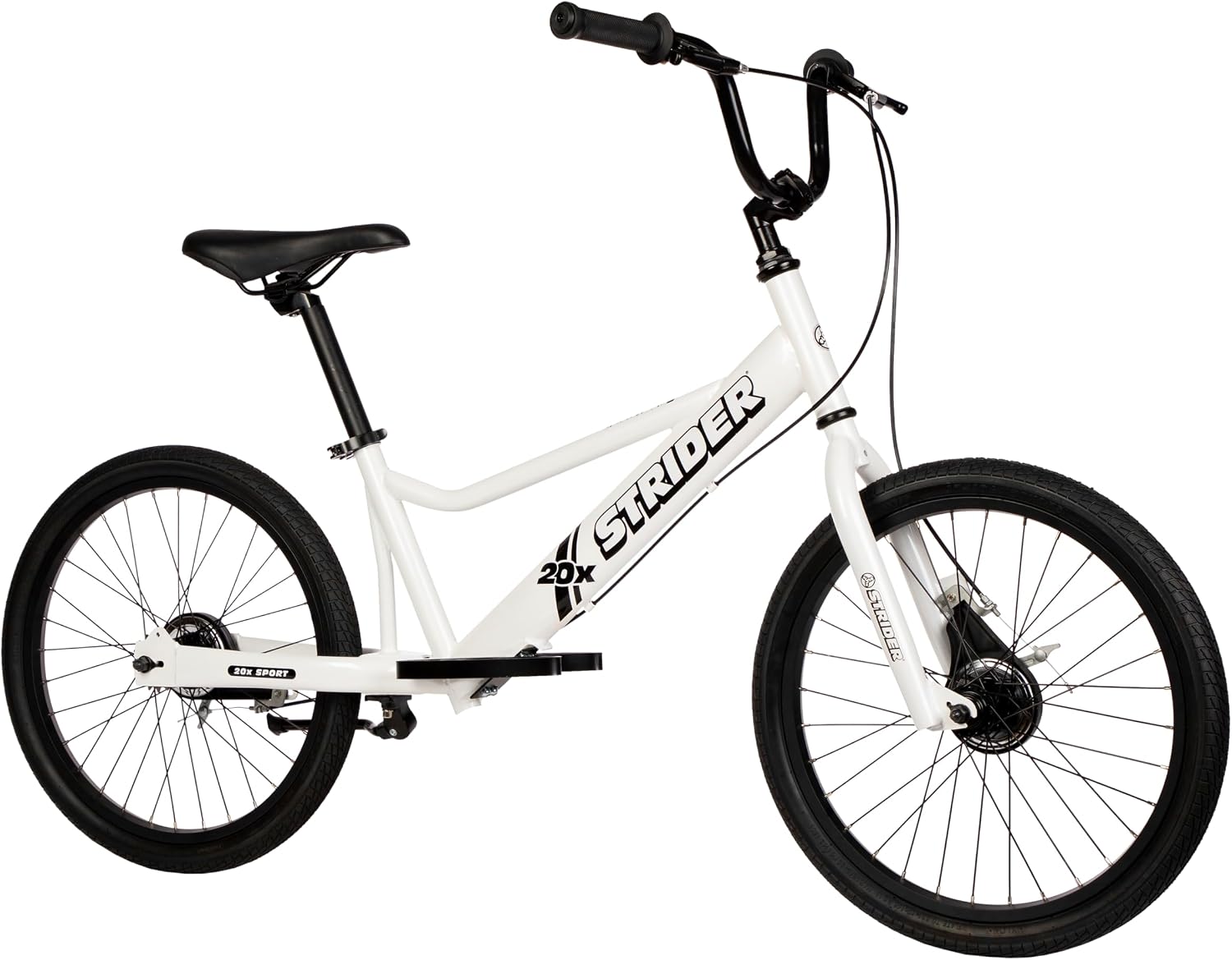 Strider 20x Convertible Balance Bike, Easy Assembly, Ages 8+, White | Lightweight Aluminum Frame with Kickstand, No-Pedal, Dual Drum Handbrakes, Inclusive Learning Balance Bike for All Abilities