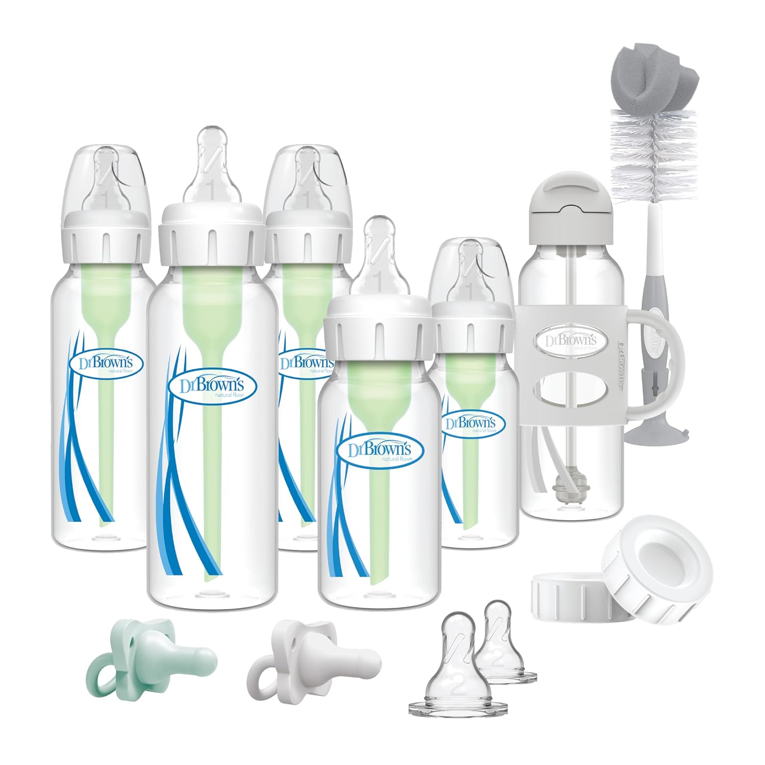 Dr. Brown’s Anti-Colic Options+ Narrow Bottle Gift Set with Sippy Straw Bottle, HappyPaci Silicone Pacifiers, Storage/Travel Caps, and Bottle Brush, Green/Gray