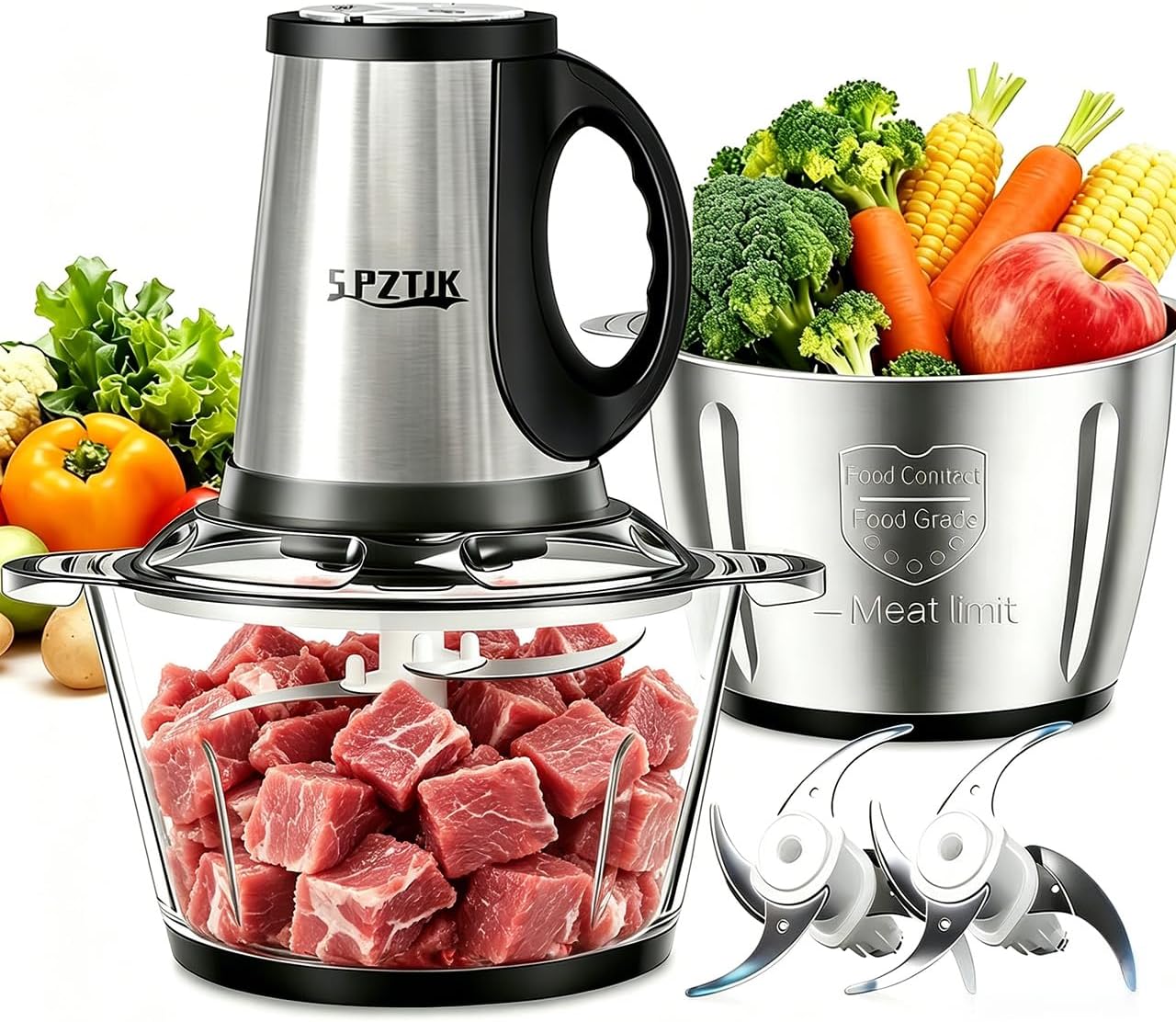 SPZTJK 3-Speed Electric Food Processor: Meat Grinder, Vegetable Chopper & Baby Food Maker – 300W, 2 Bowls (8 Cup Stainless Steel+8 Cup Glass), Quiet Operation