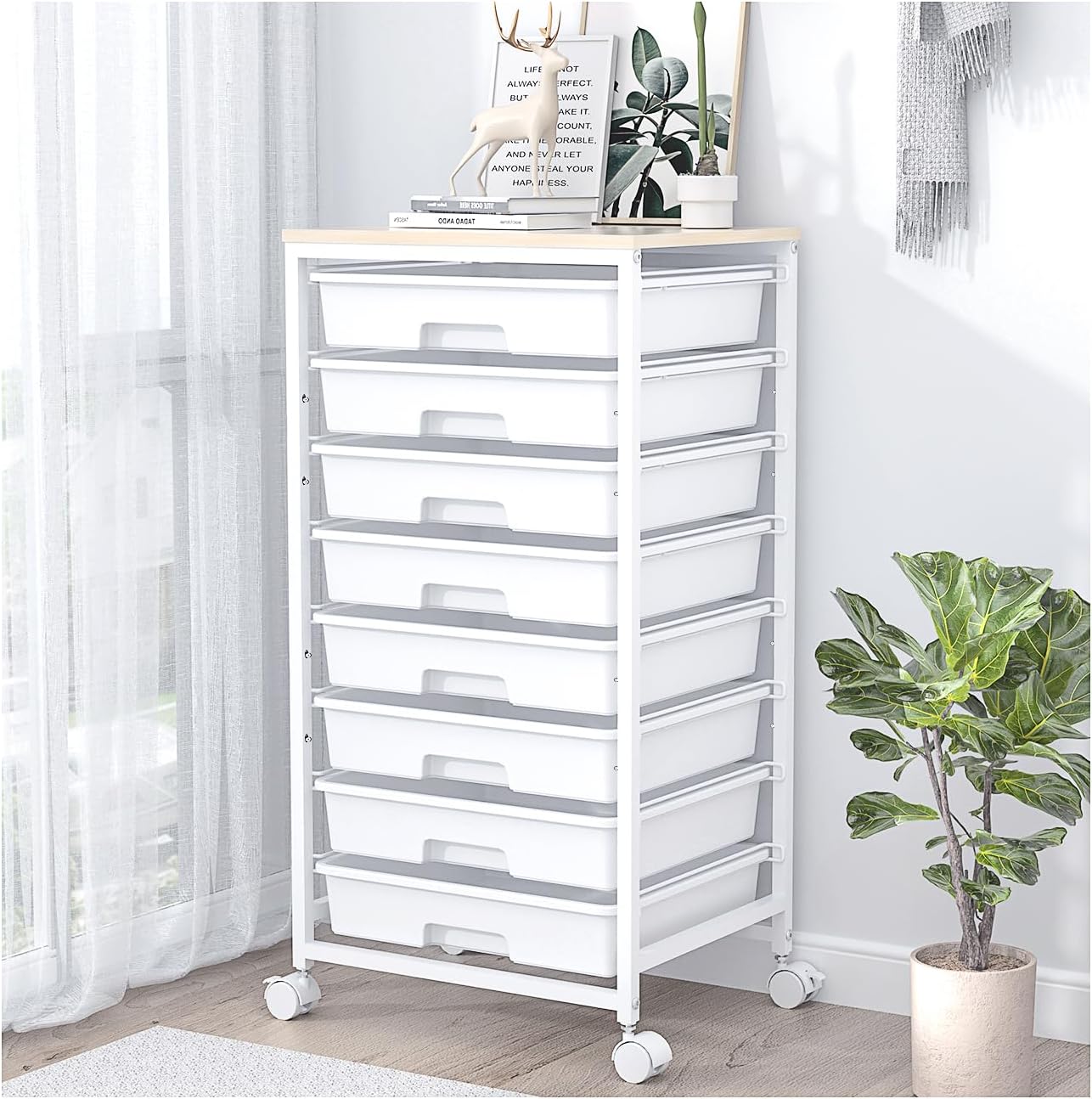 SYKIARIOL Rolling Storage Cart with Drawers, 8 Drawers Utility Cart,White | Rolling Drawer Cart with Wooden Tabletop,Storage Drawer Cart for Living Room,Classroom,Bedroom,Dorm,Office