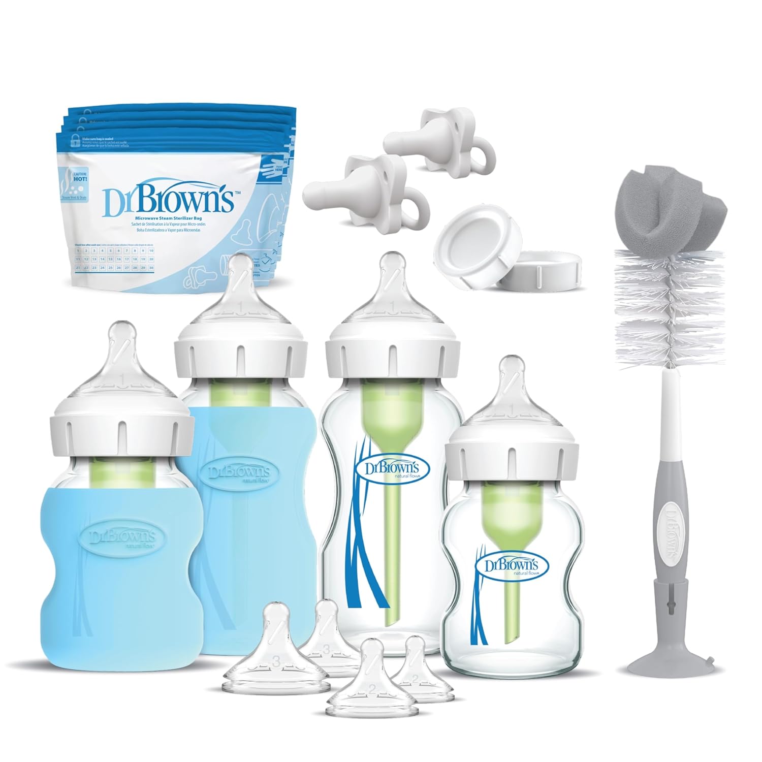 Dr. Brown’s Anti-Colic Options+ Wide-Neck Glass Baby Bottle Starter Set with 100% Silicone Bottle Sleeves, Level 1, 2, and 3 Nipples, HappyPaci Pacifiers, Storage/Travel Caps, and Bottle Brush