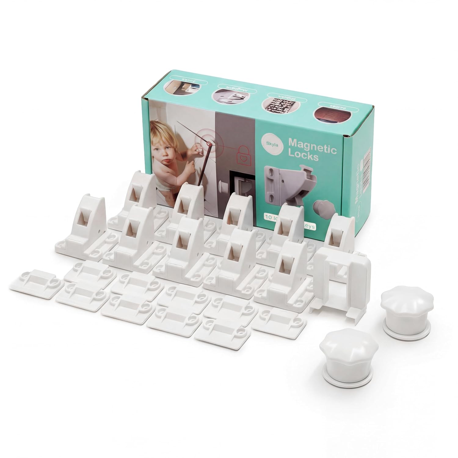 SKYLA HOMES Child Safety Magnetic Cabinet Locks, White, 10 Pack | Hidden ABS magnetic latches install inside cupboard doors and drawers with adhesive; no screws or tools needed