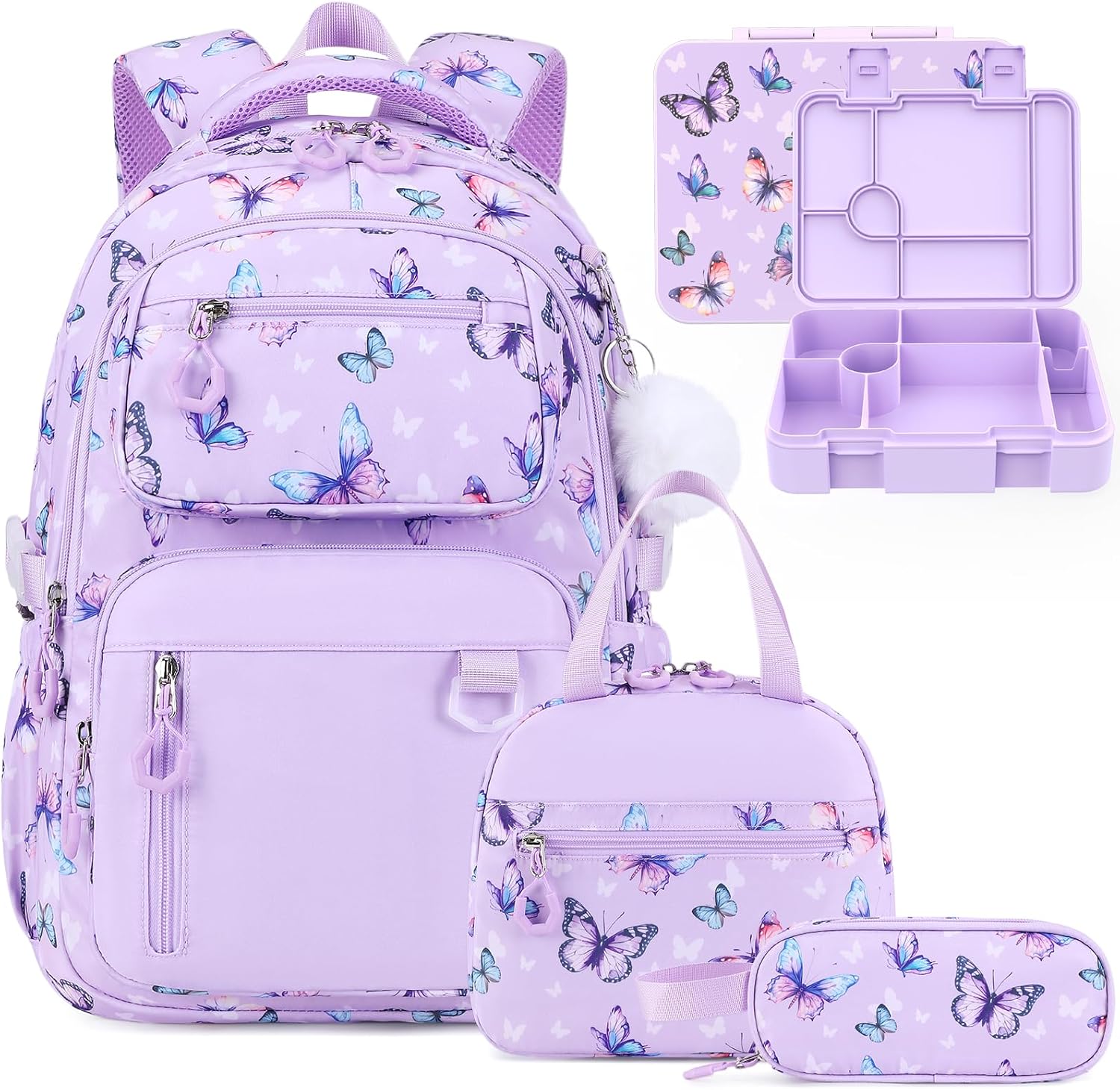 Backpack for Girls, 4PCS School Bookbag Teen Girls Backpack Set | with Bento Lunch Box, Insulated Bag & Pencial Case, 43oz Lunch Containers for Kids Elementary Middle Student (Purple)