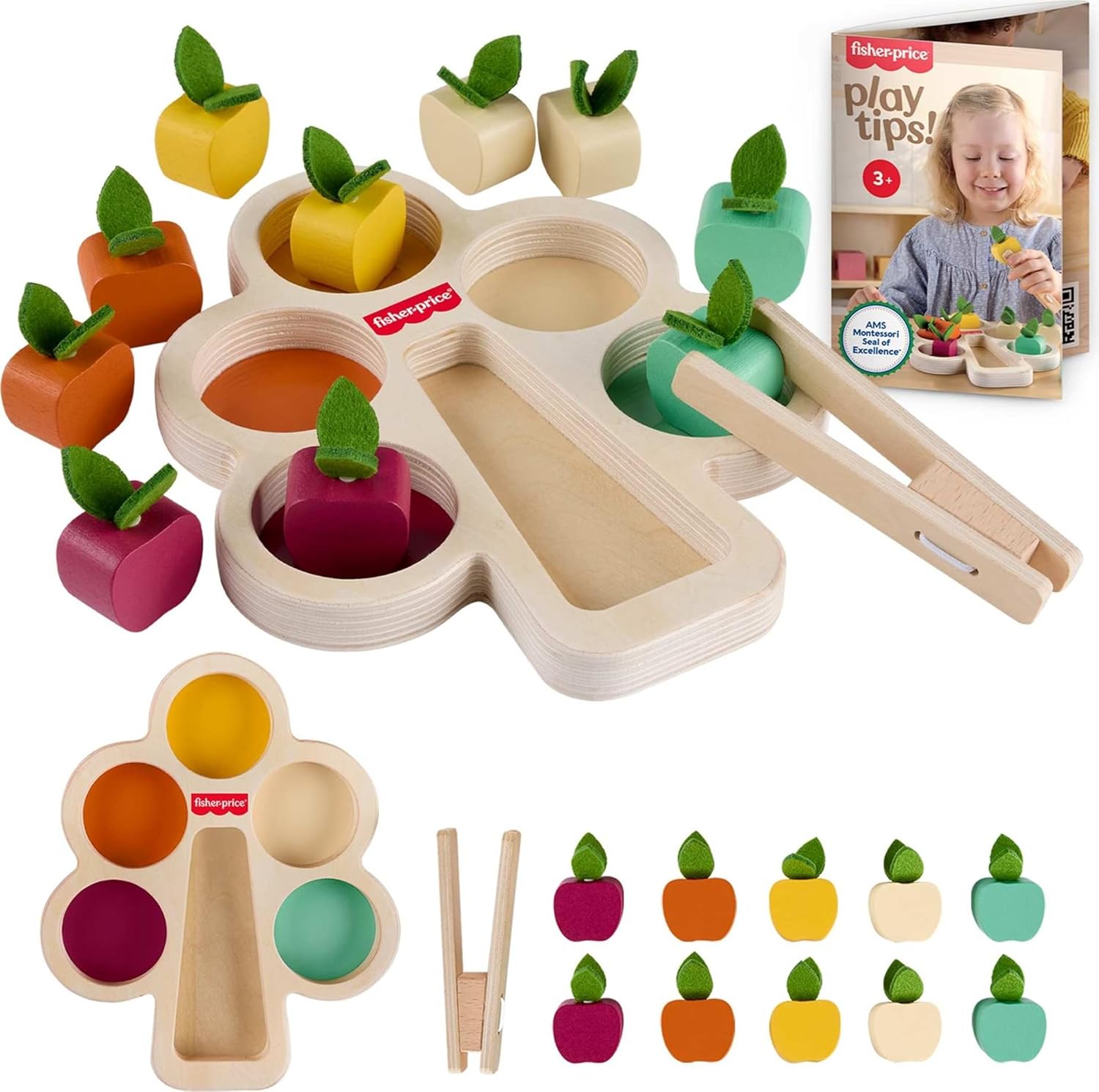 Fisher-Price Wood Montessori Sorting Tree Learning Activity, Ages 3+ Years | Wooden Puzzle + Expert Play Tips, American Montessori Society Seal of Excellence, Preschool Kids (Amazon Exclusive)