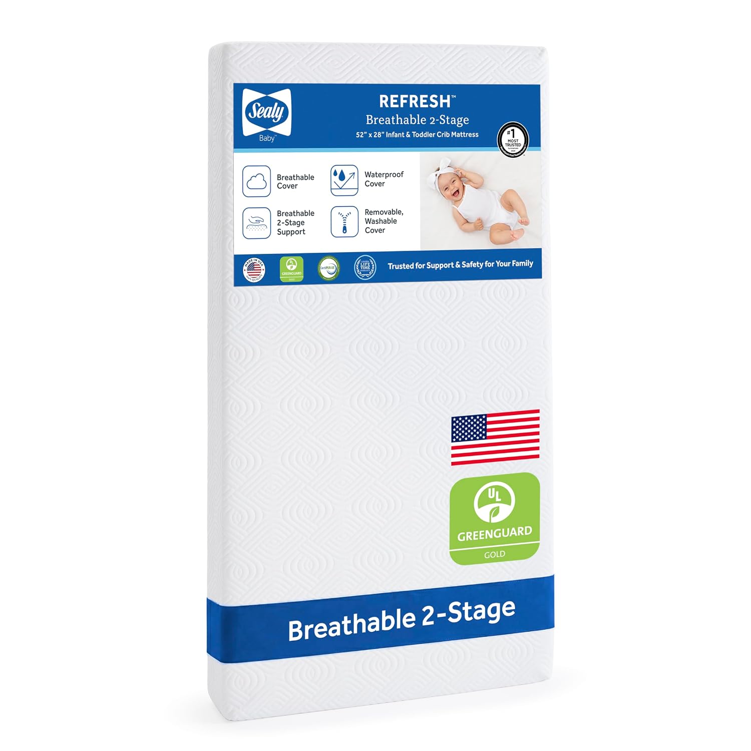 Sealy Baby Infant & Toddler Crib Mattress – Refresh 2 Stage Waterproof and Breathable, Non Toxic, GREENGUARD Gold Certified, Made in USA, 52×28