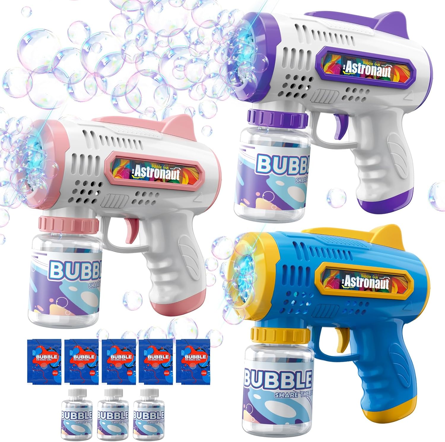 3 Pack Bubble Guns with Refill Solution, Automatic Bubble Machine | Bubbles Maker for Boys Girls, Birthday Party and Weddings, Outdoor Toys for Kids, Gifts for Age 3 4 5 6 7 8 Year Old Kid