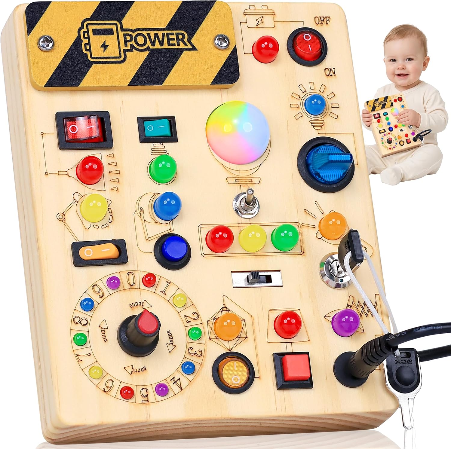 RichBoy Busy Boards, Lights Switch-Style, Wooden, 37-in-1, Medium | Toddlers Birthday Gifts, Montessori Toys, Autism Sensory, Fine Motor Skills, Educational Learning, Travel Essentials