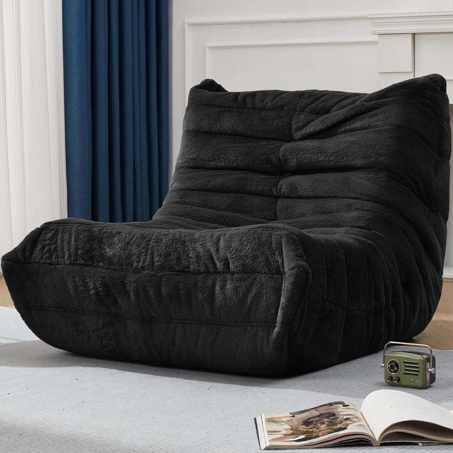 Hobestluk Big Bean Bag Chairs for Adults Fireside BeanBag Couch Togo Sofa | Ergonomic Design,Memory Foam,No Assembly,Faux Fur Fireside Lounge Floor Chair Back Support Living Room | Black Plush Single