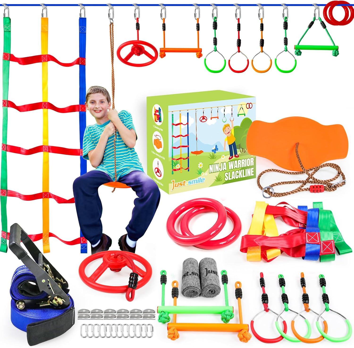 Ninja Warrior Obstacle Course for Kids Outside-Ninja Slackline 52ft with 11 Durable Obstacles-Climbing Net,Wheel, Warrior Gymnastics & Monkey Bars,Slack Lines for Backyard for Kids.