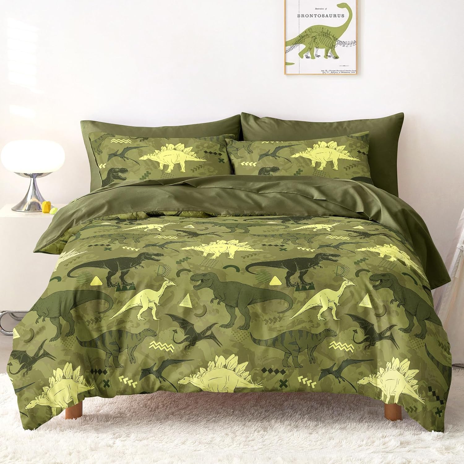 Wake In Cloud – Dinosaur Bedding Set for Boys, Jurassic Dino World Sketch, Soft Lightweight Comforter Set with Sheets, 5 Pieces Kids Bed in a Bag, Army Green, Twin Size