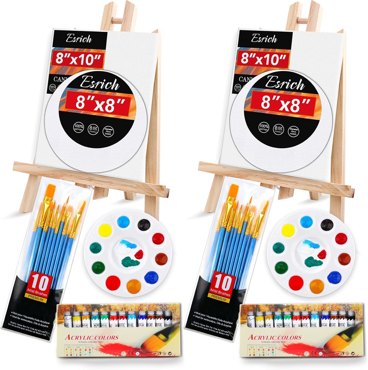 ESRICH Acrylic Paint Canvas Set, 52 PCS Painting Supplies Kit | 2 Wood Easel, 2 * 12 Colors, 20 Brushes, Circular Canvas, Paint Kit for Kids, Students, Artists and Beginner