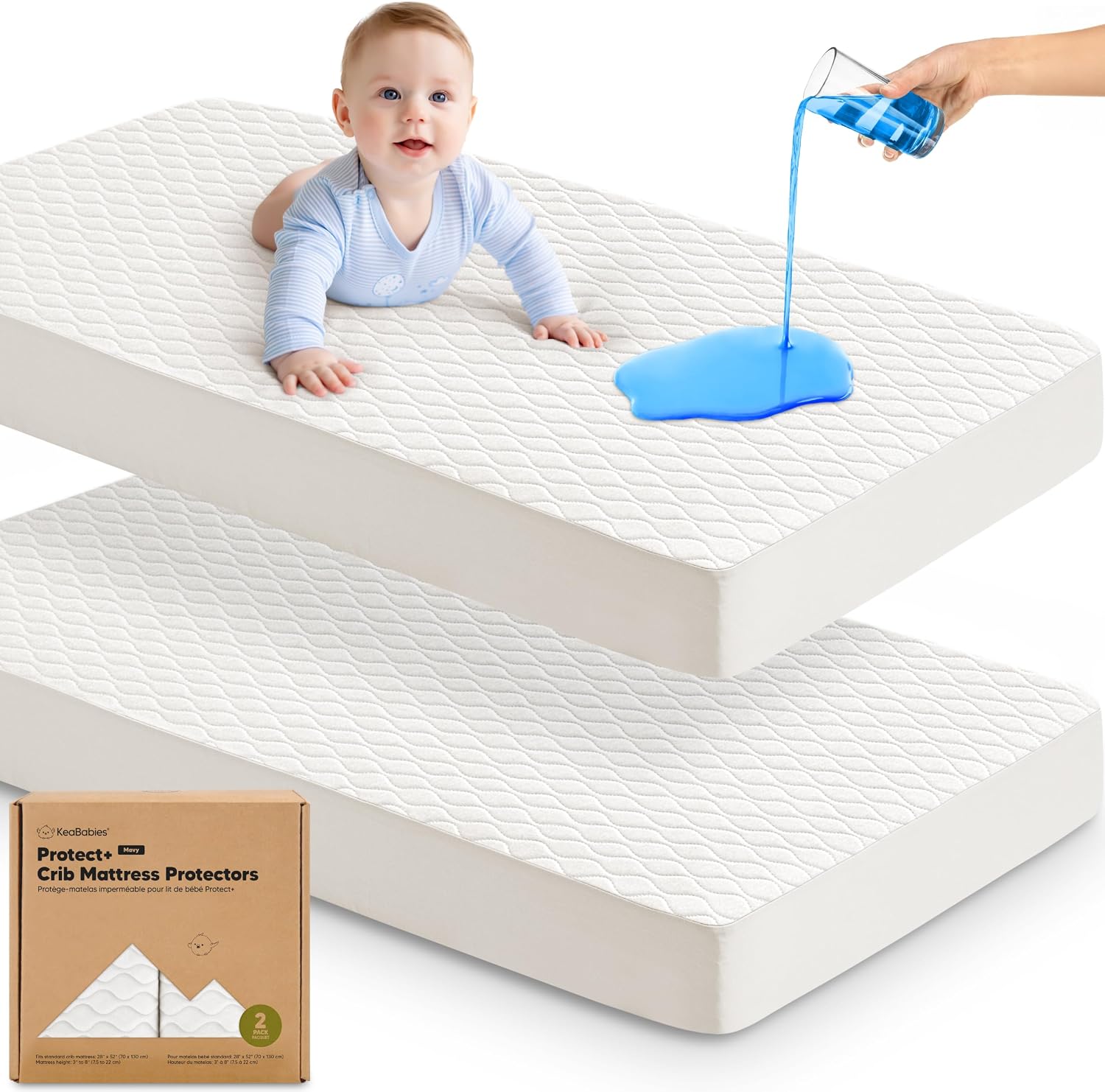 2pk Waterproof Crib Mattress Protector Cover Fitted 52×28 (Soft White/Mavy) | Soft Quilted Cotton Crib Mattress Pad Cover, Quiet Waterproof Crib Sheets, Machine Washable, Easy Fit, Durable Baby Sheets