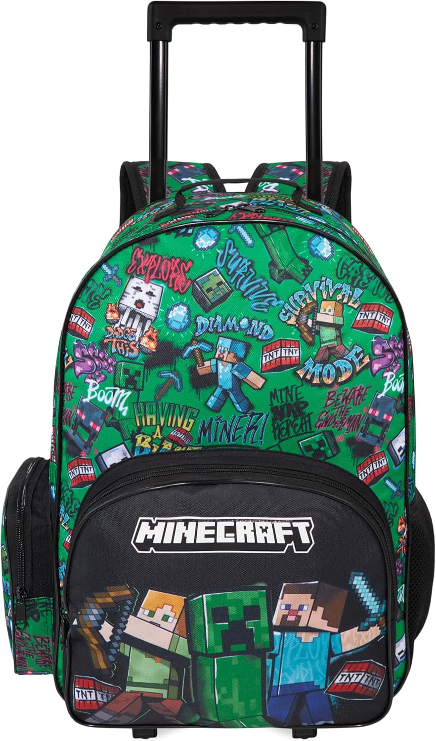 Get Trend Minecraft Boys Rolling Luggage with Wheels, 20.4” Travel Bag | 23.6L Rolling Backpack Lightweight Kids Carry On Suitcase Bag with Telescopic Frame for Trips & Vacation Gamer Gifts for Boys