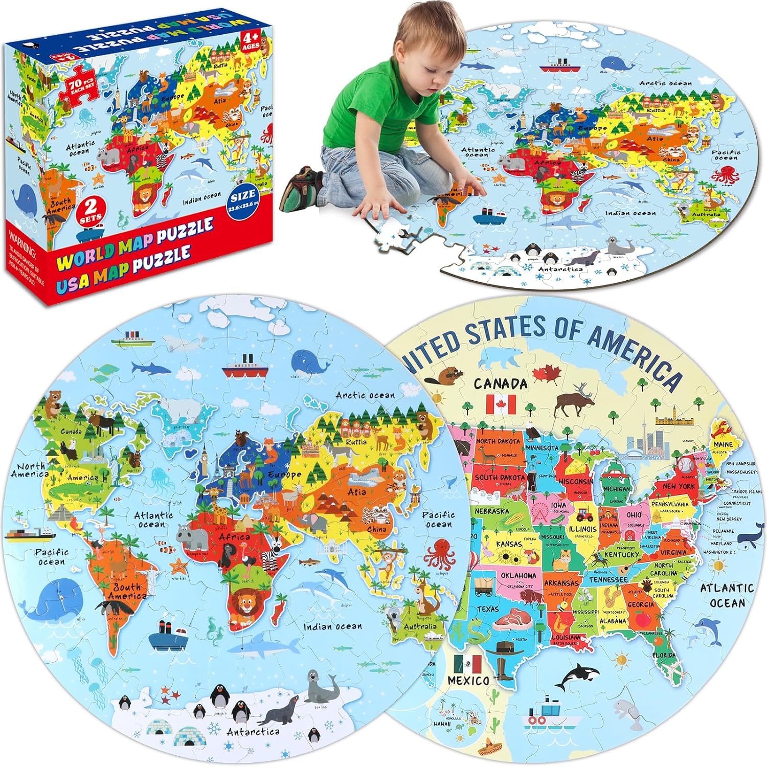 2 Sets World Puzzle United States Map Puzzle with Poster World and US Geography Jumbo Round Floor Puzzles Jigsaw for Kids Ages 3-5 Educational Learning Toys Puzzles Valentines Birthday Gift 70 Pieces