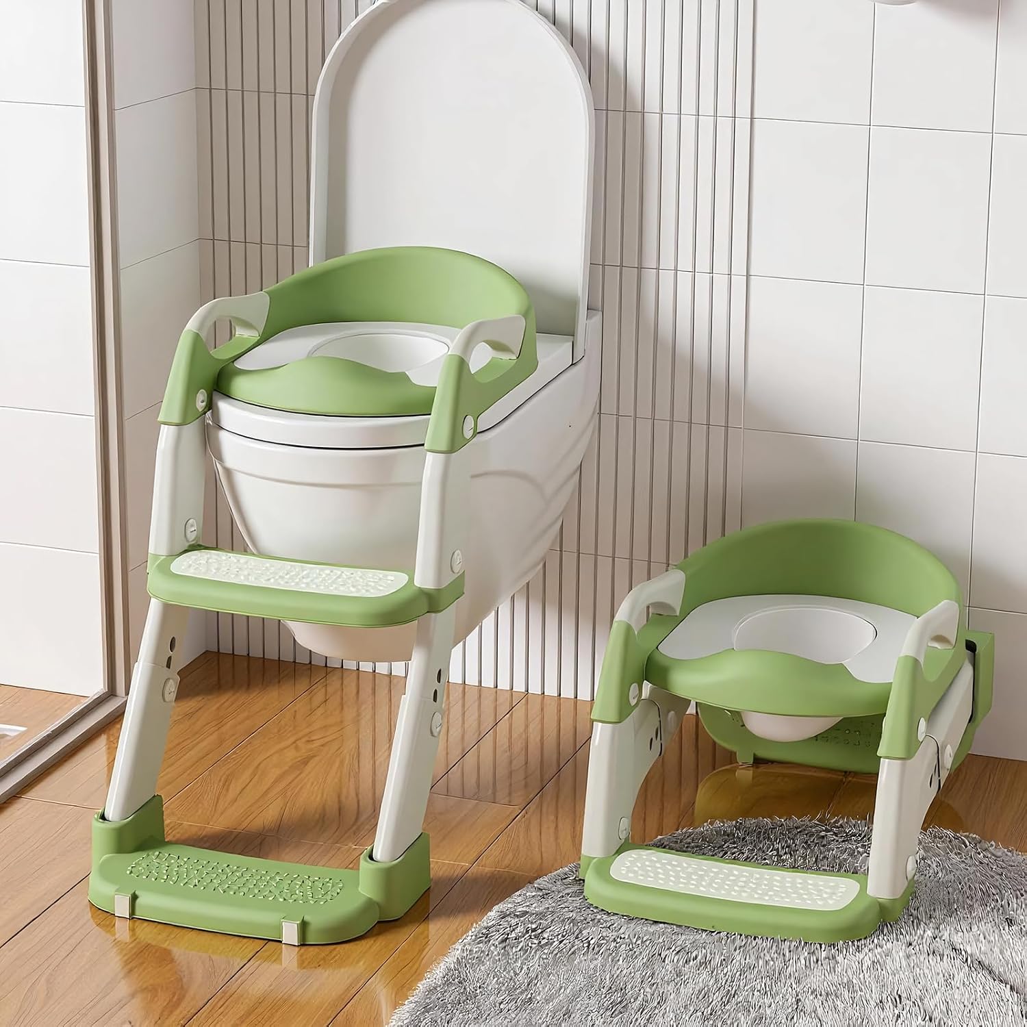Potty Training Toilet for Toddlers, 3-in-1 Potty Training Seat with Step | Adjustable Seat and Step Height, Anti-Slip Potty Chair, Splash Guard, 5 Heights, Waterproof PVC seat, for Boys Girls, Green