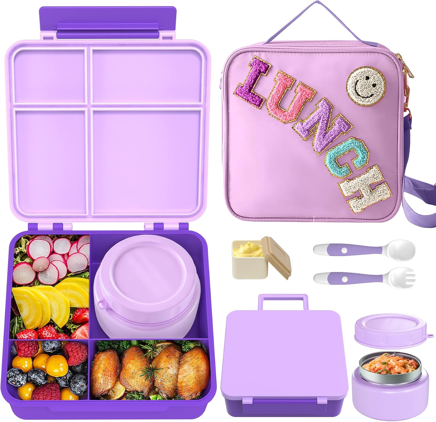 Aimsnk Lunch Box Kids with Thermo Insulated Lunch Bag for School, Purple | Bento Lunch Box for Kids with 8oz Food Jar, Leak Proof Hot Lunch Containers with 4 Compartment, Warm Lunchbox for Toddler
