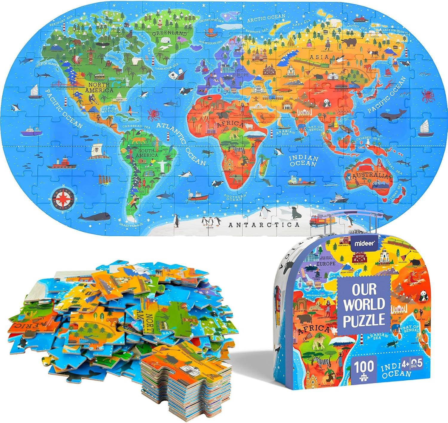 MiDeer World Map Floor Puzzle for Kids Ages 4-8 100 Piece Jigsaw Toy | Features colorful continents & oceans. Large floor jigsaw puzzle for preschool geography learning & educational play.