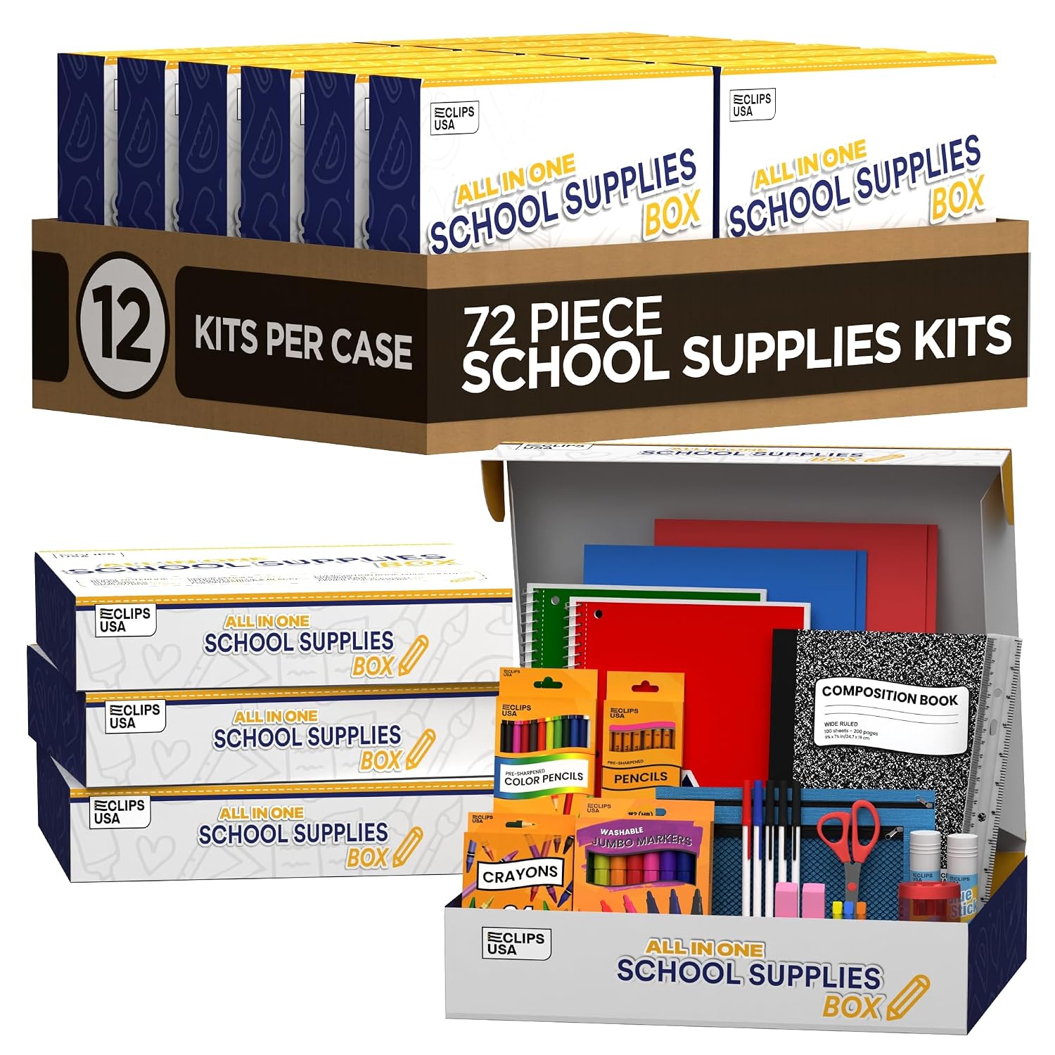 72 Piece Back to School Supplies Kit 12 Pack Bulk K-5 Kids School Supply Kit