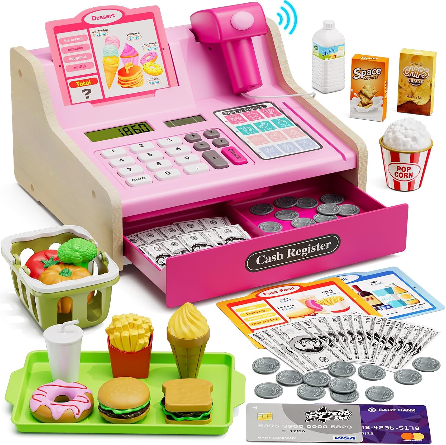 Wee Wonders Wooden Cash Register for Kids with Real Calculator,Color | Rechargeable Cash Register Toy with Scanner/Play Money/Food/Credit Card/Menu, Pretend Play Toys Gifts for Boys Girls Ages 3-8