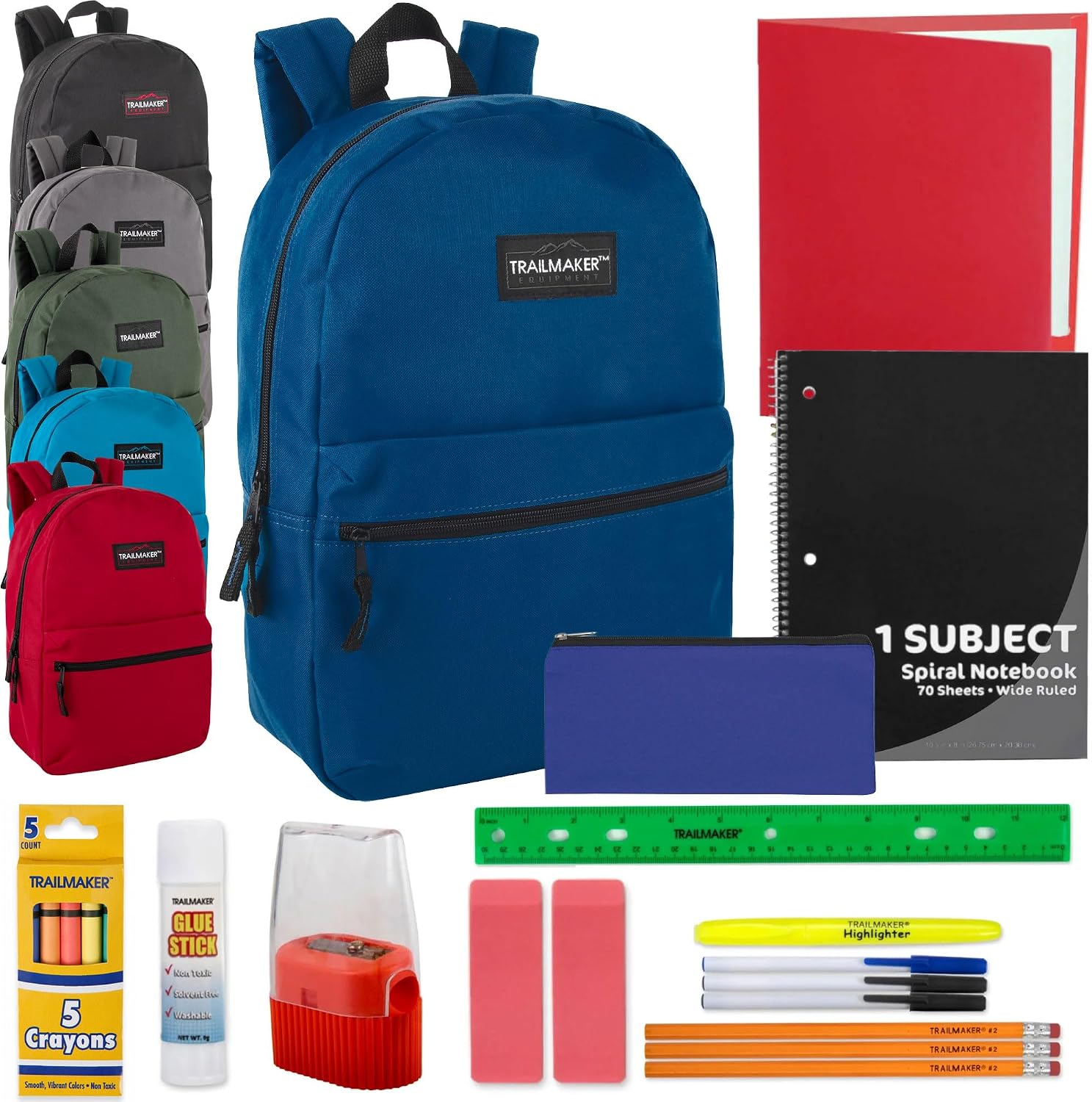Trail maker 24 Pack Bulk Backpacks with Stationary Supplies – Wholesale Backpack and Stationary Kits (Classic Colors Pack)