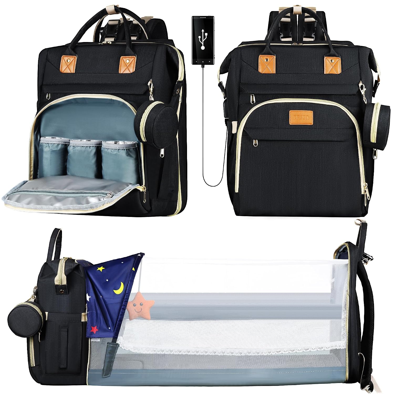 ZRSUN Diaper Bag Backpack, Multifunctional Baby Travel Bag with Foldable Changing Station, Portable Changing Pad, USB Charging Port, Black