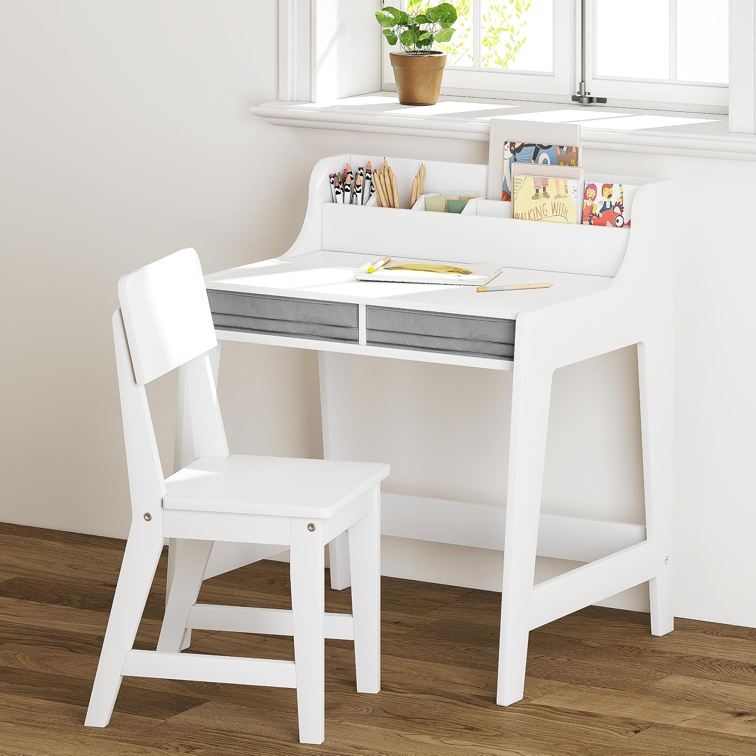 UTEX Wooden Kids Desk and Chair Set with 2 Fabrics Drawers for Study Room | Kids Study Desk with Stand-up Organizer, Solid Wood Legs, Ergonomic Chair, Water-based Paint