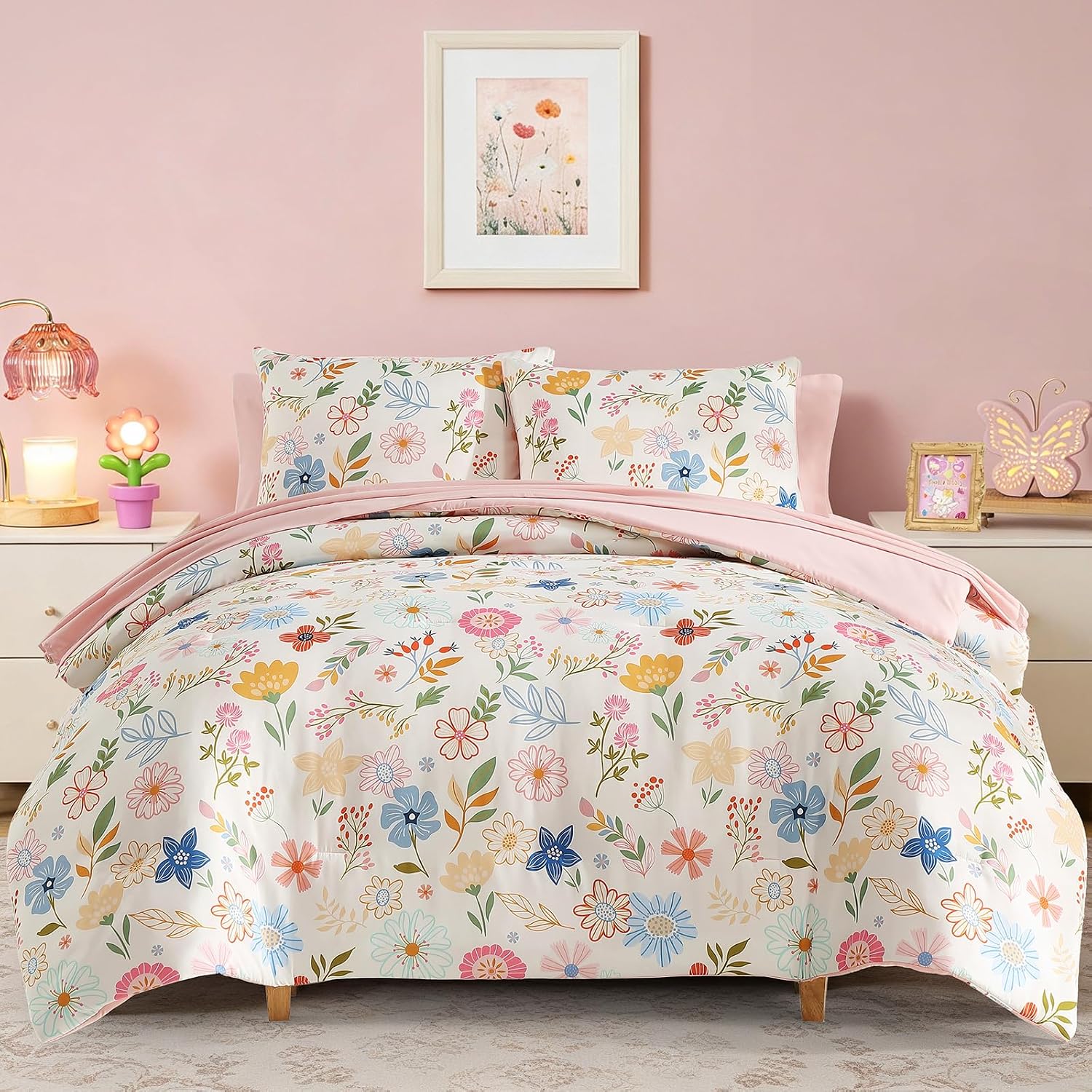 Twin Comforter Set for Girls – 5 Pieces Pastel Floral Twin Bedding Sets | Soft Kids Comforter Set, Girls Bedding with Flower Comforter, Sheets, Pillowcases & Shams