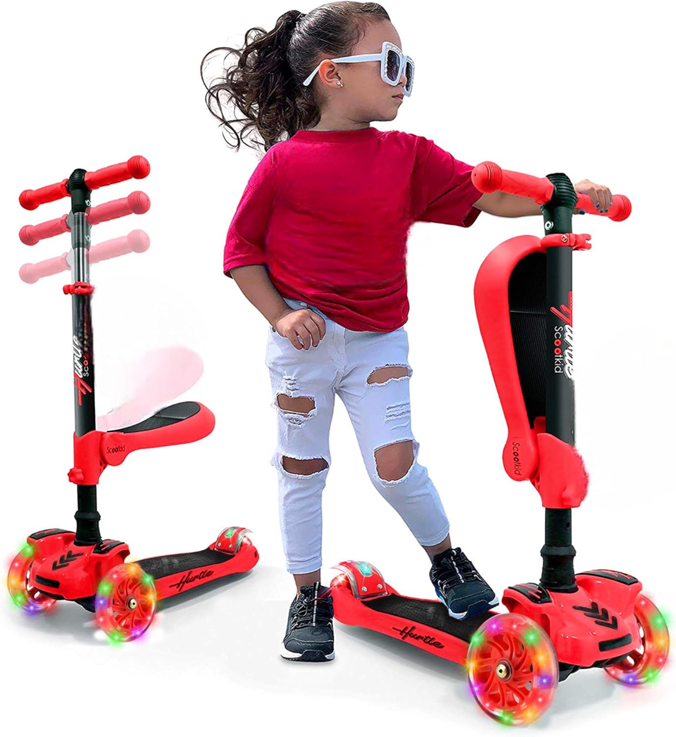 Hurtle 3-Wheeled Scooter for Kids – Wheel LED Lights, Adjustable Lean-to-Steer Handlebar, and Foldable Seat – Sit or Stand Ride with Brake for Boys and Girls Ages 1-14 Years Old