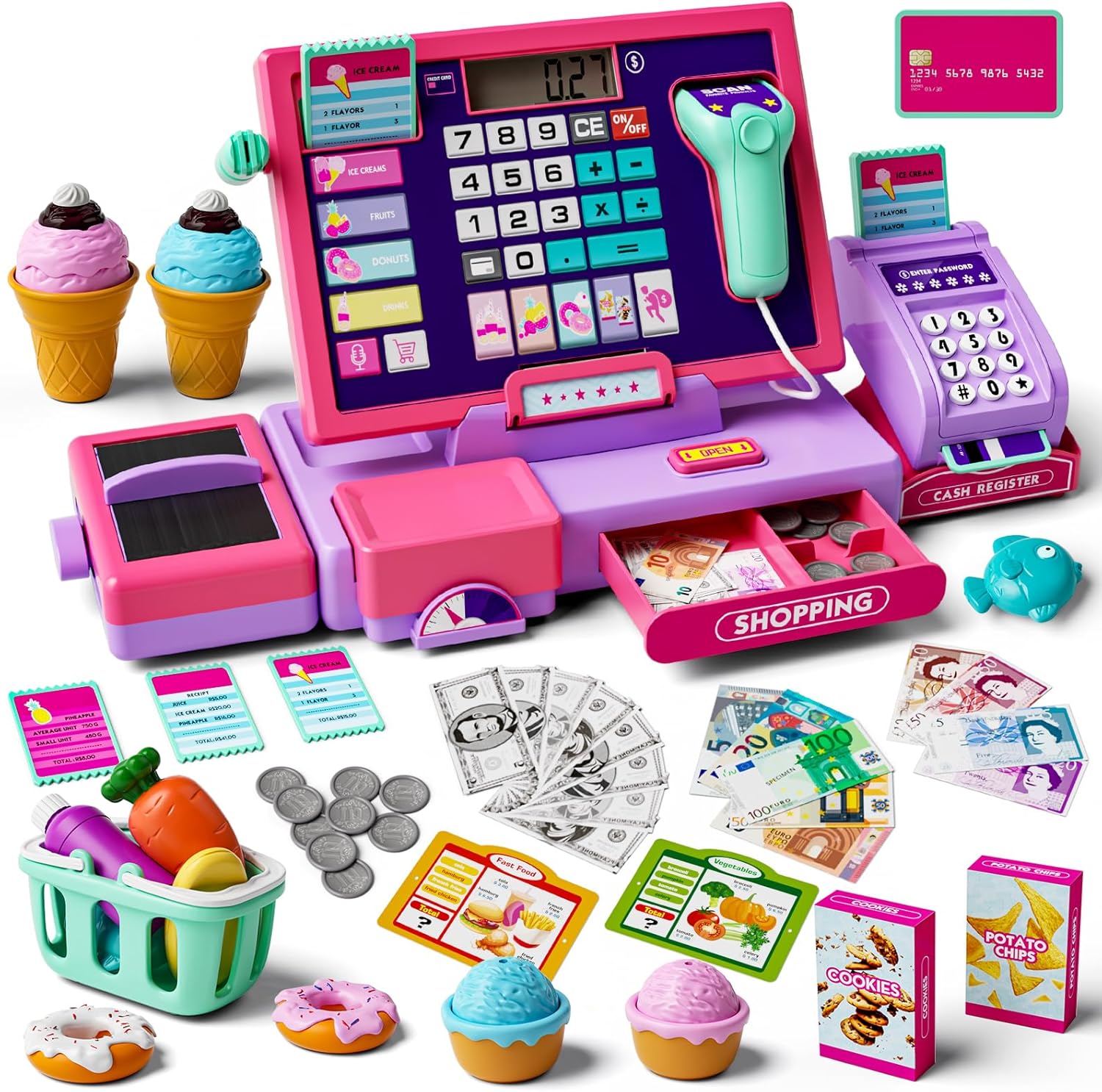 Upgraded Kids Cash Register Toy for Boys Girls, Pretend Play Gift | Pretend Play Cashier Register with Shop Accessories, Calculator Cash Register with Scanner/Credit Card (Purple)