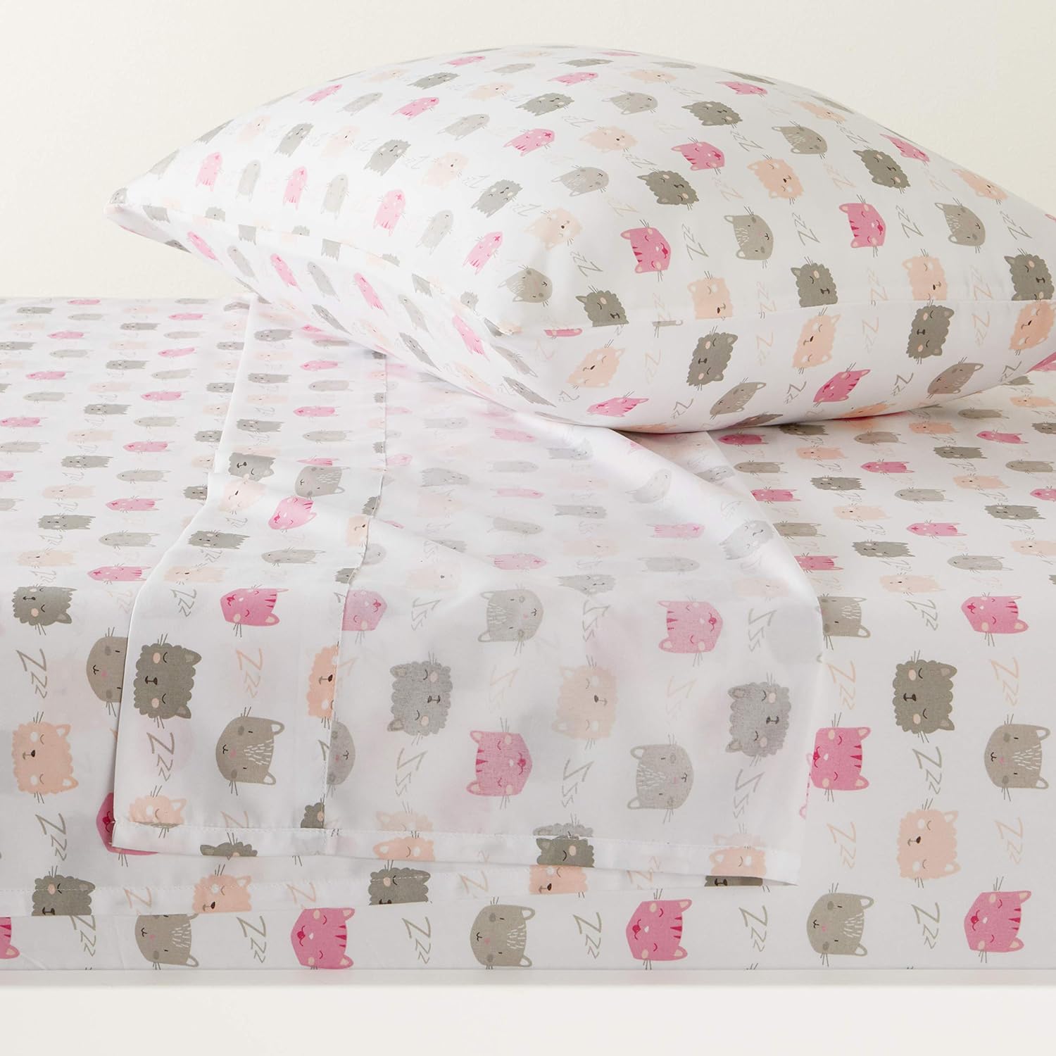 Amazon Basics Kid’s Soft, Breathable, Easy-Wash Microfiber 3-Piece Sheet Set with Pillowcase, Twin, Peony Pink Kitties, Animal Print