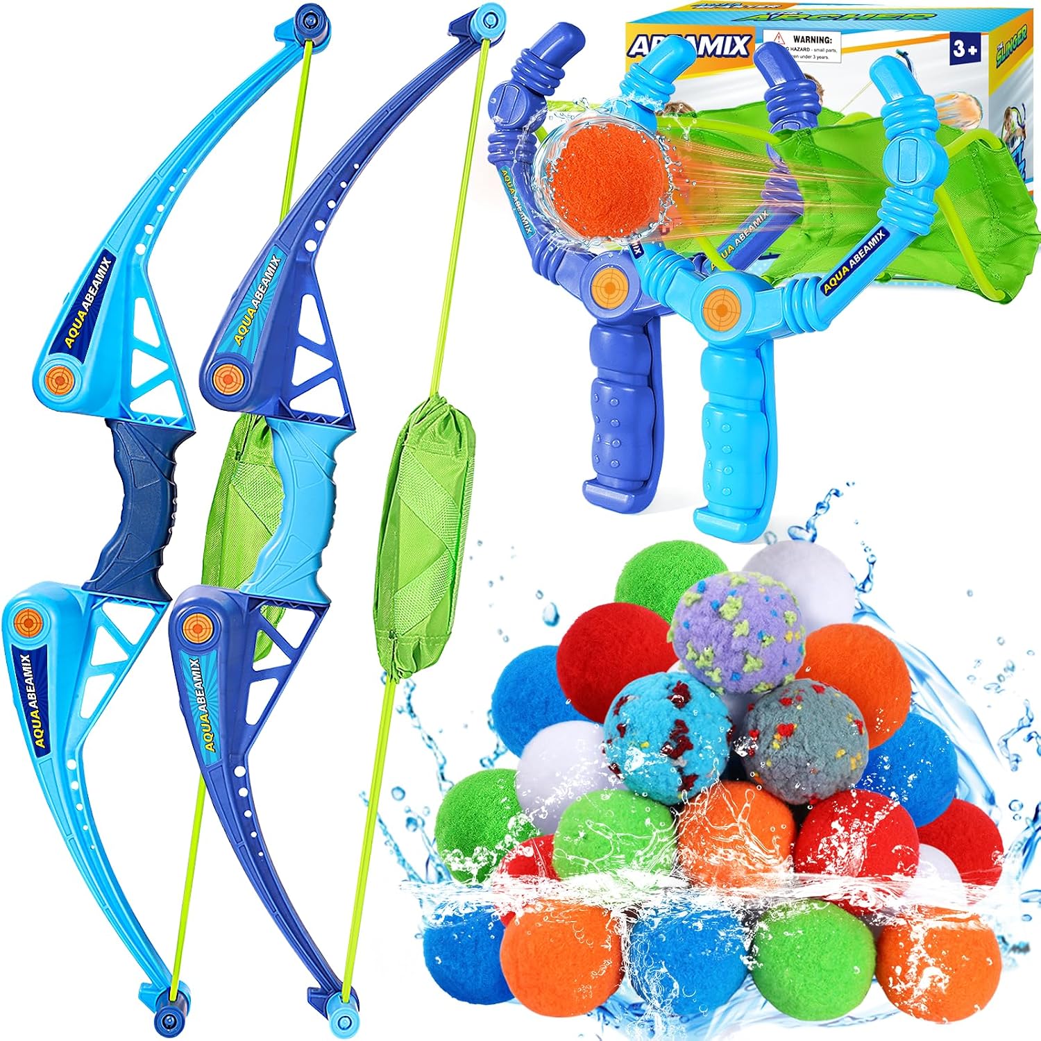 Reusable Water Balloons Set For Kids, Bow and Arrow& Slingshot Launcher | 2x Bow Sets, 2 Slingshot Launcher,24 Soft Balls, Pool Beach Yard Water Fight Indoor Outdoor,Boys Girls Adults Summer Toys