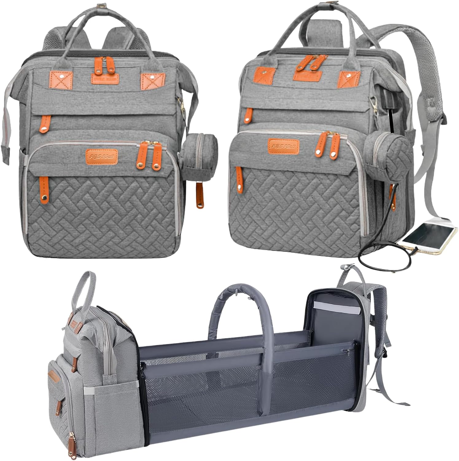 Baby Diaper Bag with Changing Station, Waterproof Diaper Bag Backpack for Mom/Dad, Baby Shower Gifts, w/USB Charging Port, Insulated Bottle Holders & Pacifier Case, XL Storage Backpack, Grey