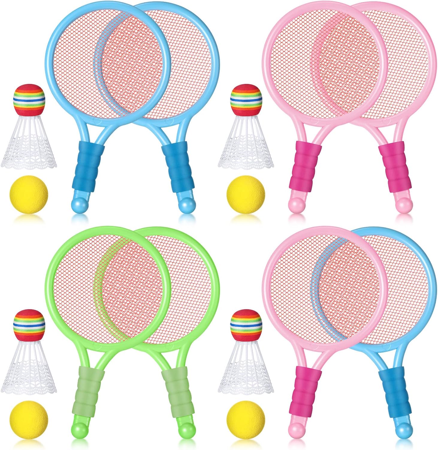 Wettarn 8 Pcs Plastic Kids Tennis Racket with 4 Tennis Balls and 4 Shuttlecocks Training Balls Beach Racket Set in 3 Colors for Kids Outdoor Sports Gifts