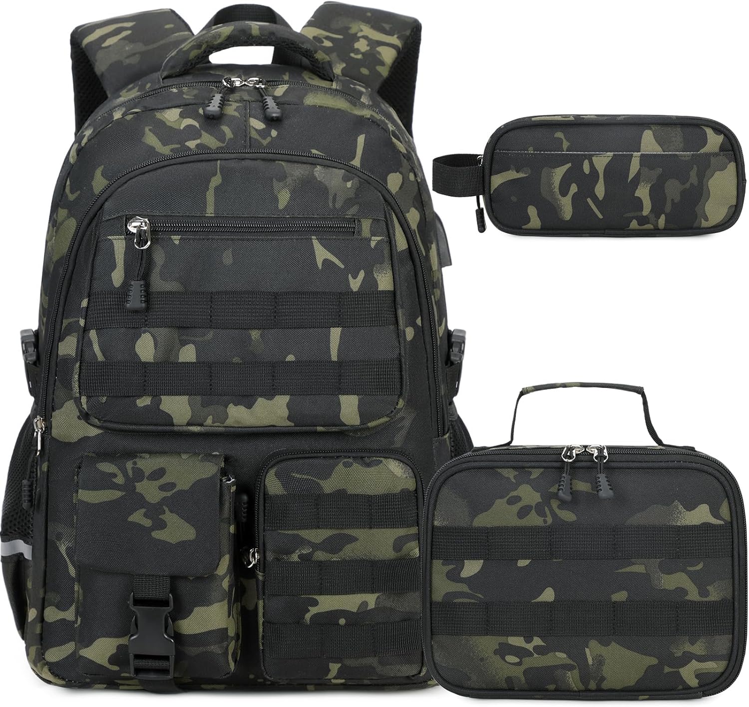 DIGOBAY Camo Backpack for Boys with Lunch Box Pencil Case USB Charging Port | Tactical Boys Backpack for School Kids Military Army Schoolbags for Boy Teens Kids Elementary Middle High, Black Grey Camo
