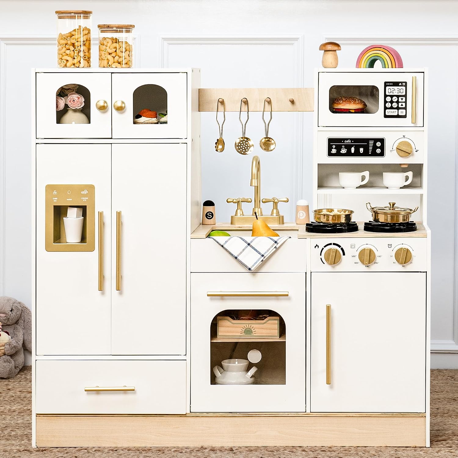 Wooden Play Kitchen Set with Tall Toy Fridge Pretend Play for Kids 3Y+ | Durable Wood Construction, Large Storage and an Elegant White-and-Gold Finish Create Organized Pretend Play
