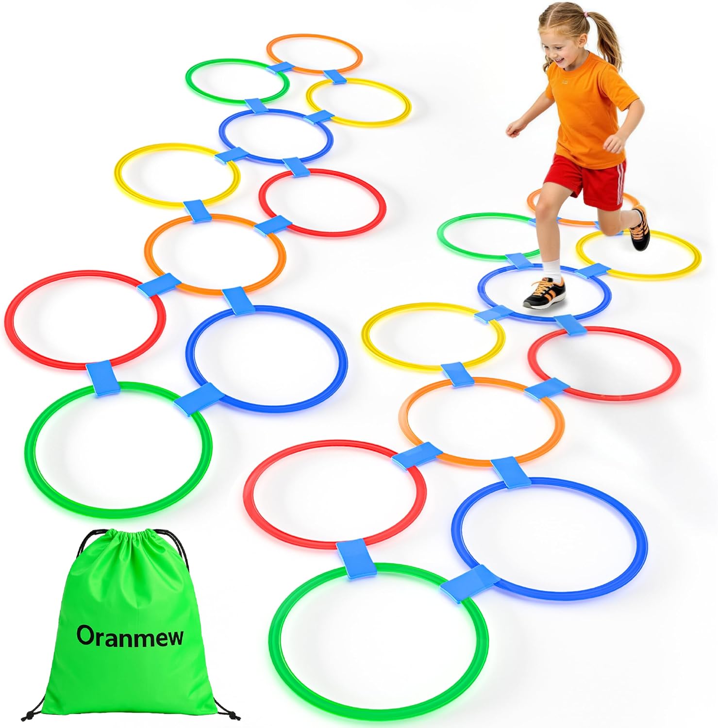 20Pcs 11″ Hopscotch Rings, Agility Rings for Kids Obstacle Course | Storage Bag & 30 Connectors! Builds Gross Motor Skills for Indoor/Outdoor Playground. Preschool & Kindergarten PE, Ages 3+