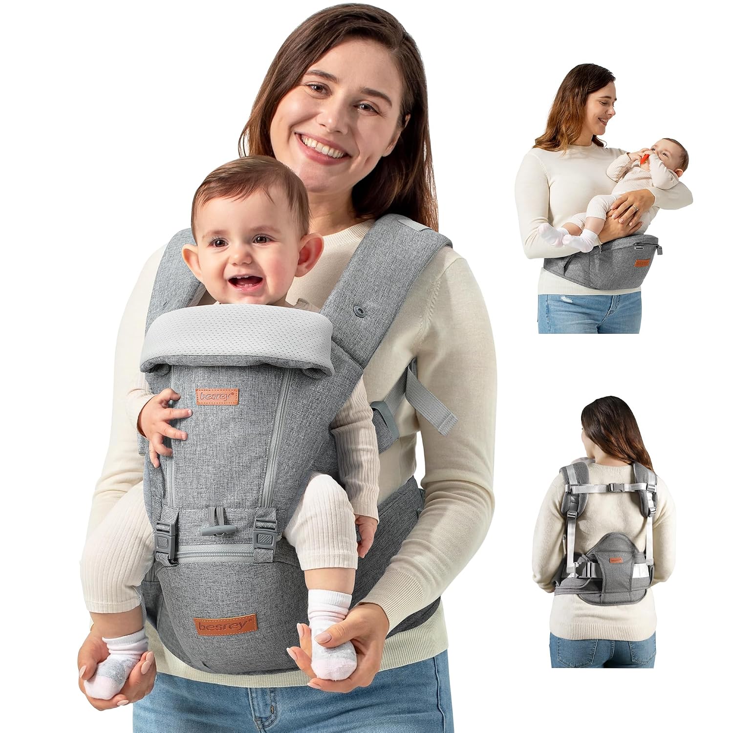 besrey Ergonomic Baby Carrier with Hip Seat, No Back Pain Support, Breathable Mesh, 6-in-1 Positions, Newborn to Toddler, Adjustable Waist Stool Carrier with Storage Pockets