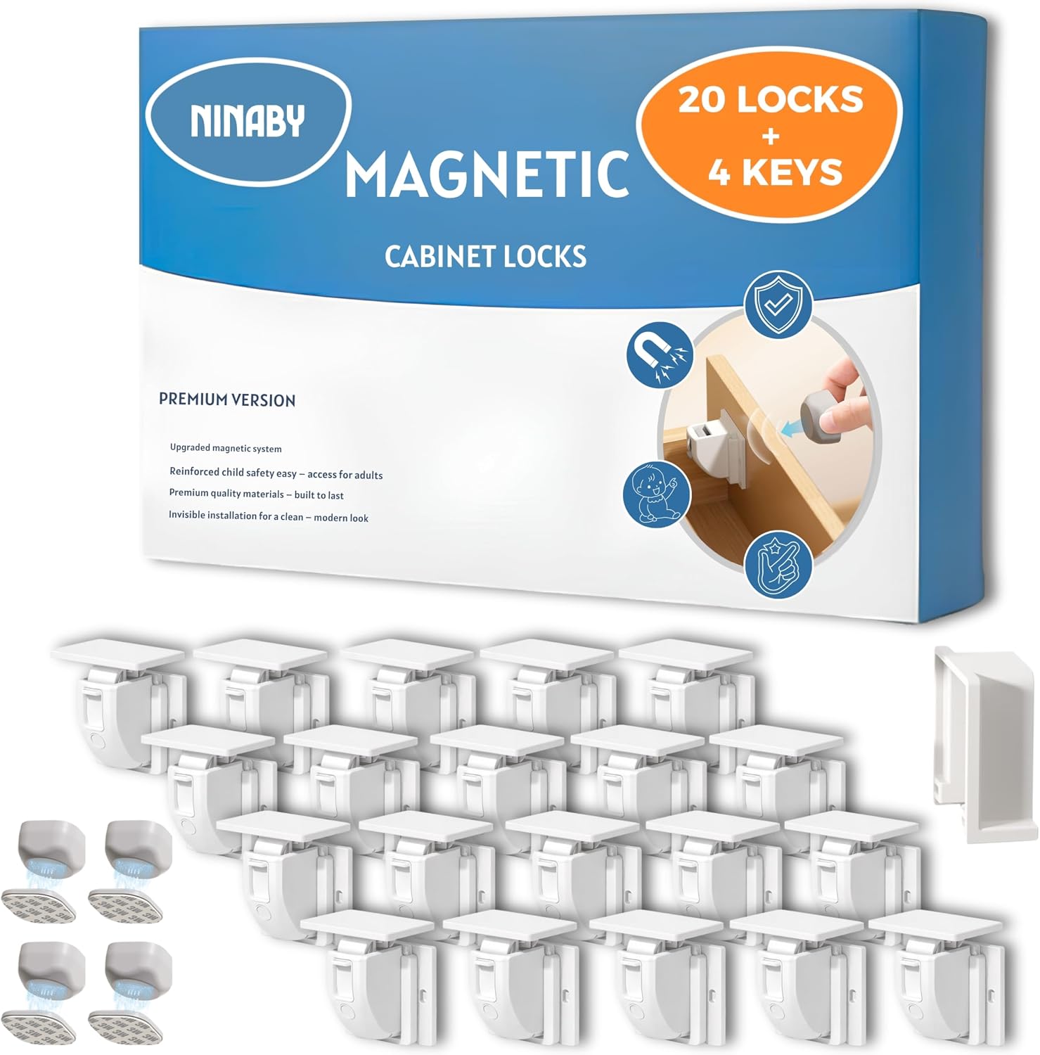 Magnetic Cabinet Locks Baby Proofing 20 Locks + 4 Keys – NINABY Ultra-Strong Child Safety Locks for Thick Cabinets & Drawers Up to 2″ – No Drill – 3M Adhesive – Invisible Installation