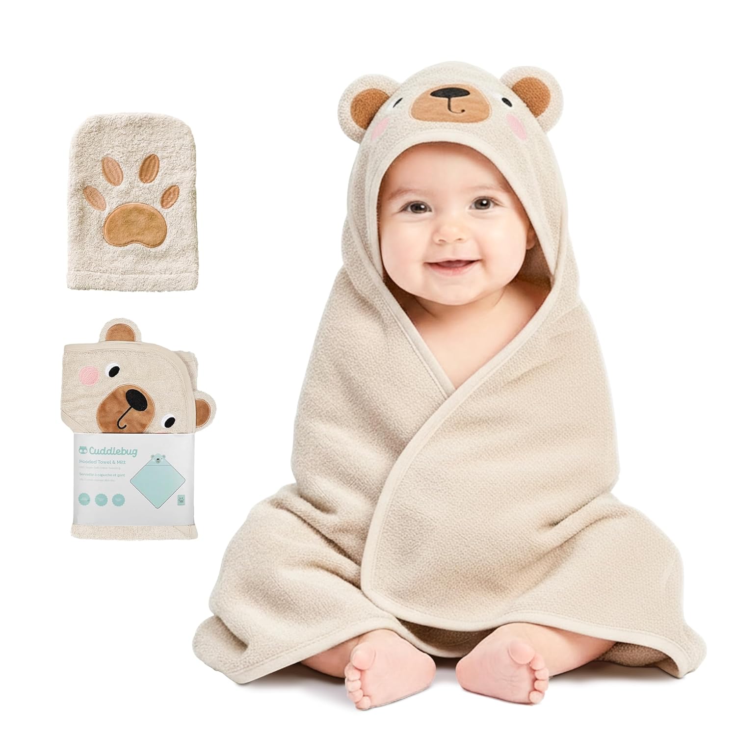 CuddleBug Hooded Baby Towel & Washcloth Set for Toddlers, Cotton Bear Honey Beige