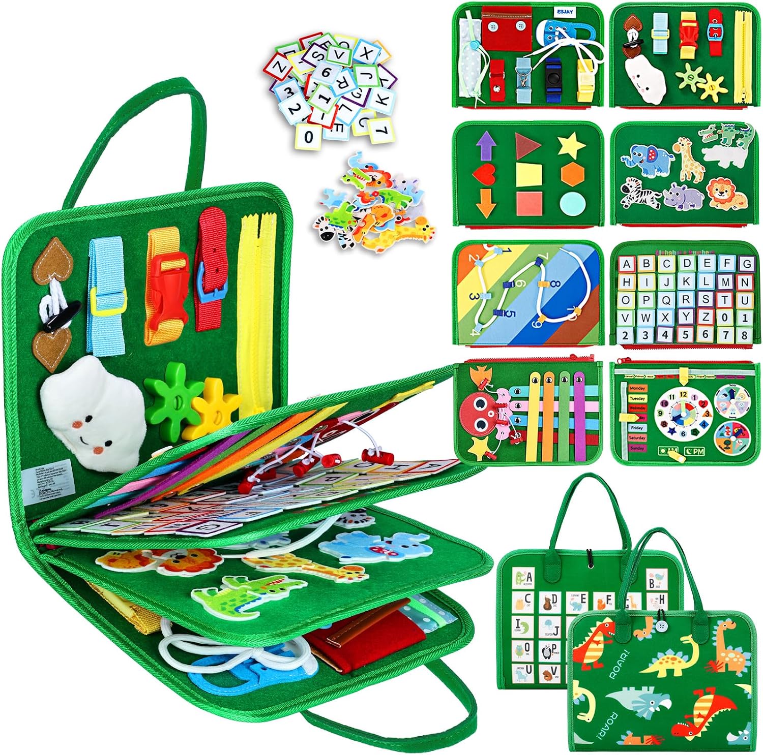 Esjay Busy Board Montessori Toys for Boys and Girls, Sensory Book Educational Activities for Learning Fine Motor Skills, Birthday Gifts, Travel Toys for Airplane Car, Green Multipages