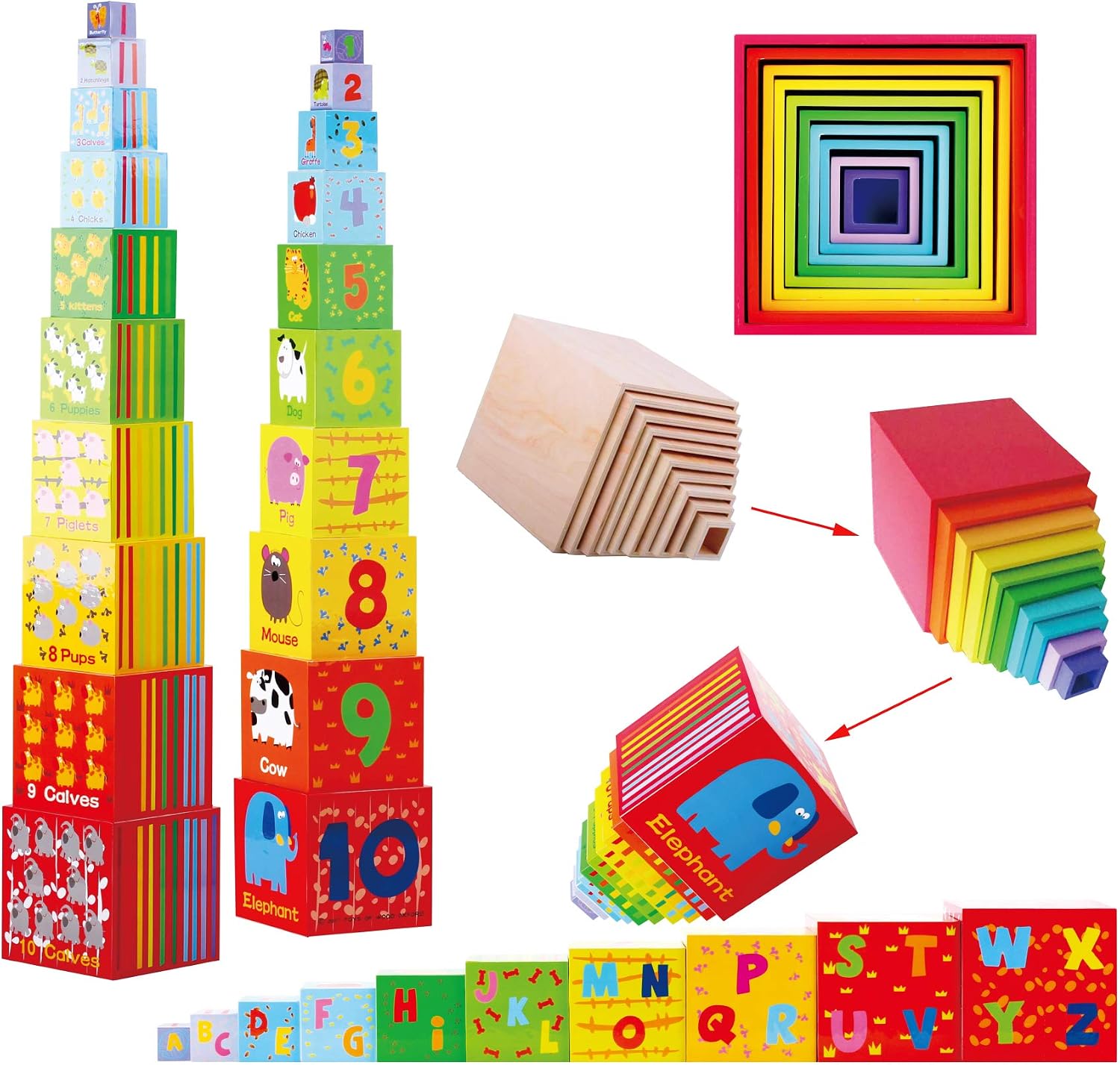 TOWO Wooden Stacking Boxes, Nesting Sorting Cups for Toddlers | Number, alphabet and animal blocks support stacking, nesting, sorting and early learning; Montessori toy for toddlers age 2+
