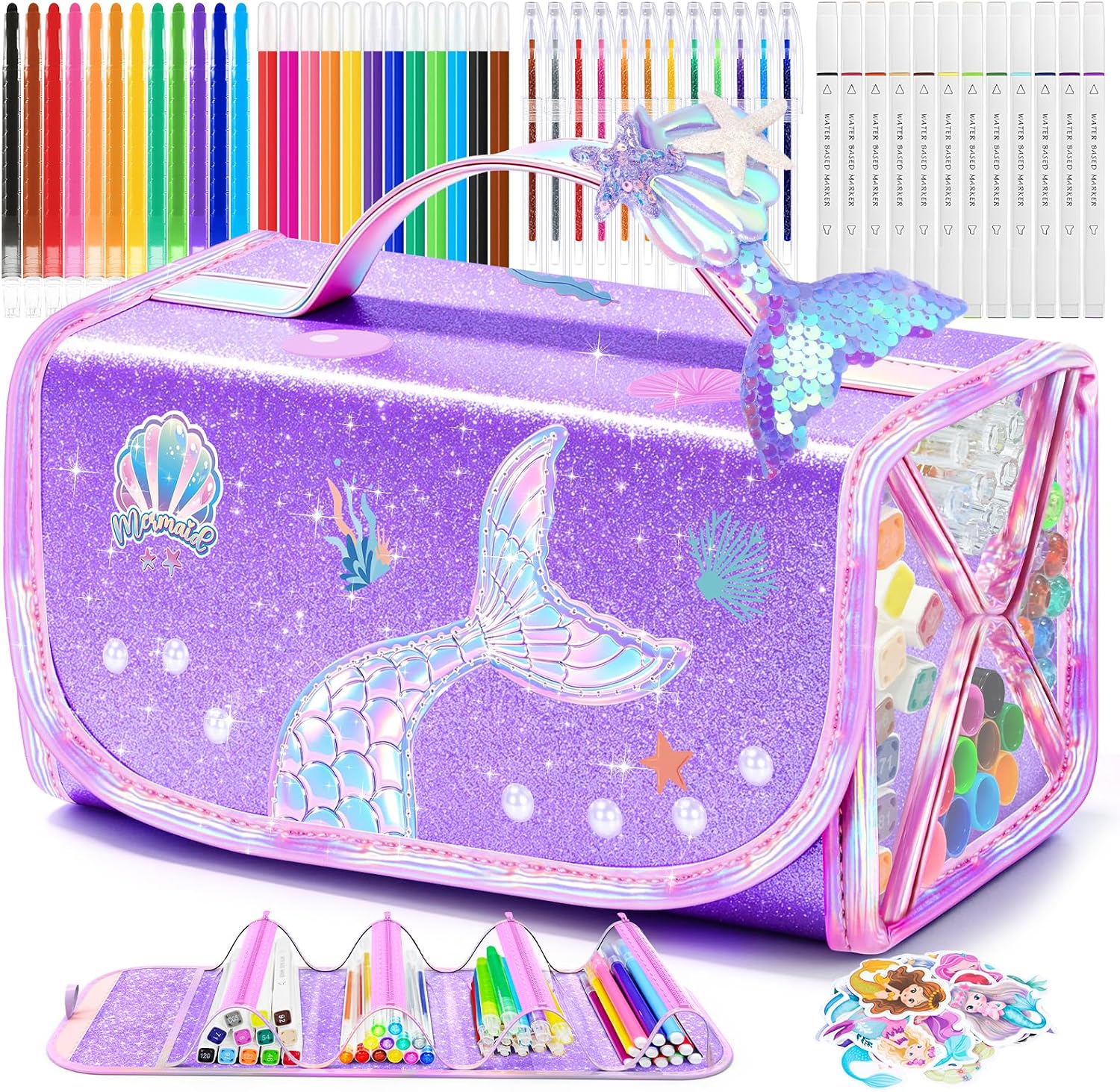 DreamyCandy 70 Pcs Washable Markers Set for Kids 4-8, Mermaid Art Set Gifts | Mermaid Hairpin, 3D Glitter Case, Dual Markers, Scented Gel Pens, Twist-up Crayons, Arts and Crafts Gifts for Girls 4-12