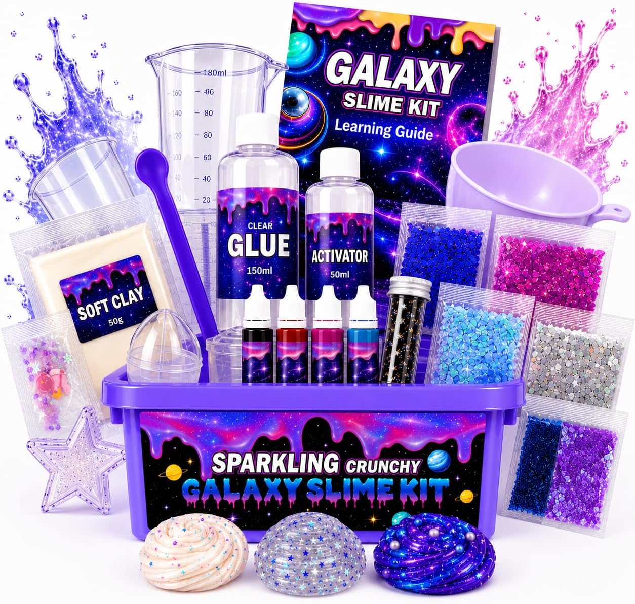 Mini Galaxy Slime Kit for Kids, DIY Glitter Slime Making Kit with Slime Glue, Slime Activator, Liquid Colorants, Soft Clay, Glitter Mix & Accessories, Creative Gift for Boys & Girls Ages 6+