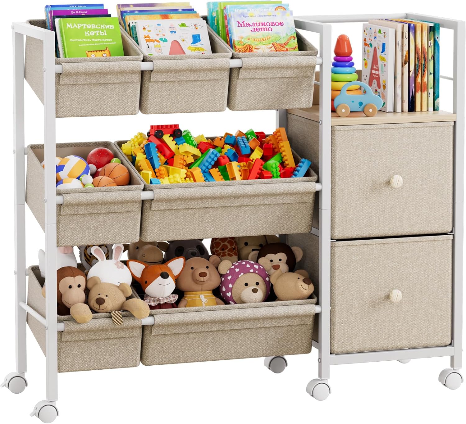 Modanais Kids Toy Organizers and Storage Bins, Off White | 7 Storage Bins + 2 Fabric Drawers + 1 Bookshelf, Playroom Storage, Organizer for Toy, Clothes, Blankets and Books