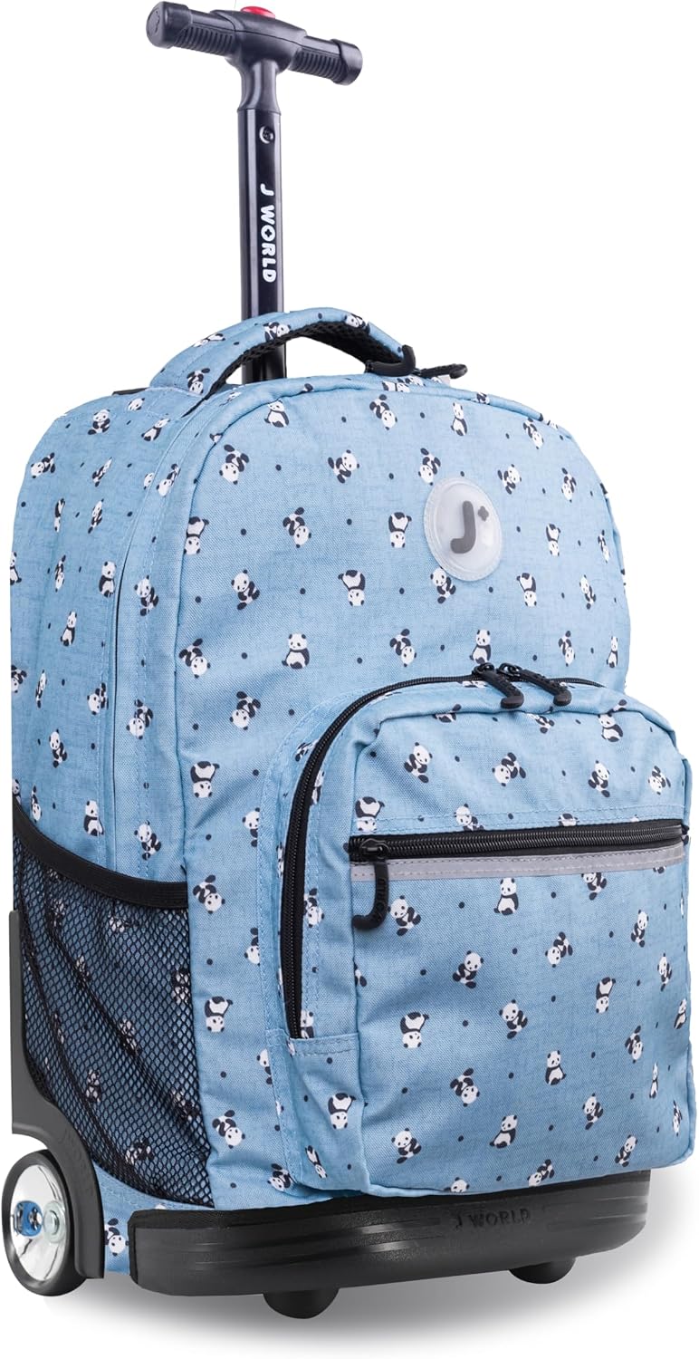 J World Sunrise Kids Rolling Backpack with Wheels for Girls Boys, Roller Bookbag for School, 18 x 13 x 9 Inches, Panda