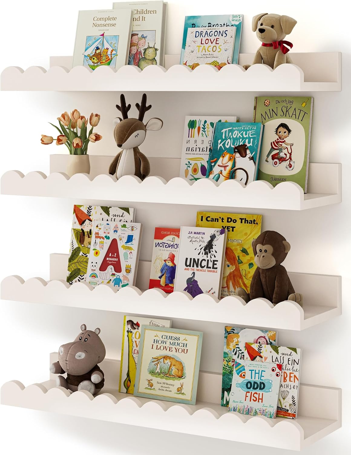 Shario Nursery Book Shelves, 4-Pack White Floating Shelves for Wall Kids, Scalloped Shelves, Wall Book Shelves for Bedroom Kids, Toddler Room, Baby Room, Nursery Decor