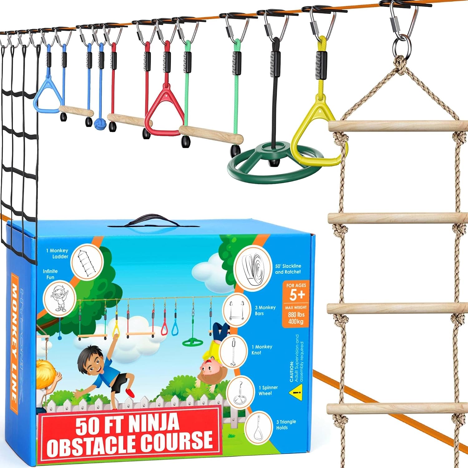 Hyponix Ninja Warrior Obstacle Course for Kids 2 x 50 ft, 10 Obstacles | Ninja Slackline for Kids, Supports 880lbs – Monkey Net, Ratchet-Tight Tech, Climbing, Swinging & Balance Training, Ages 3+