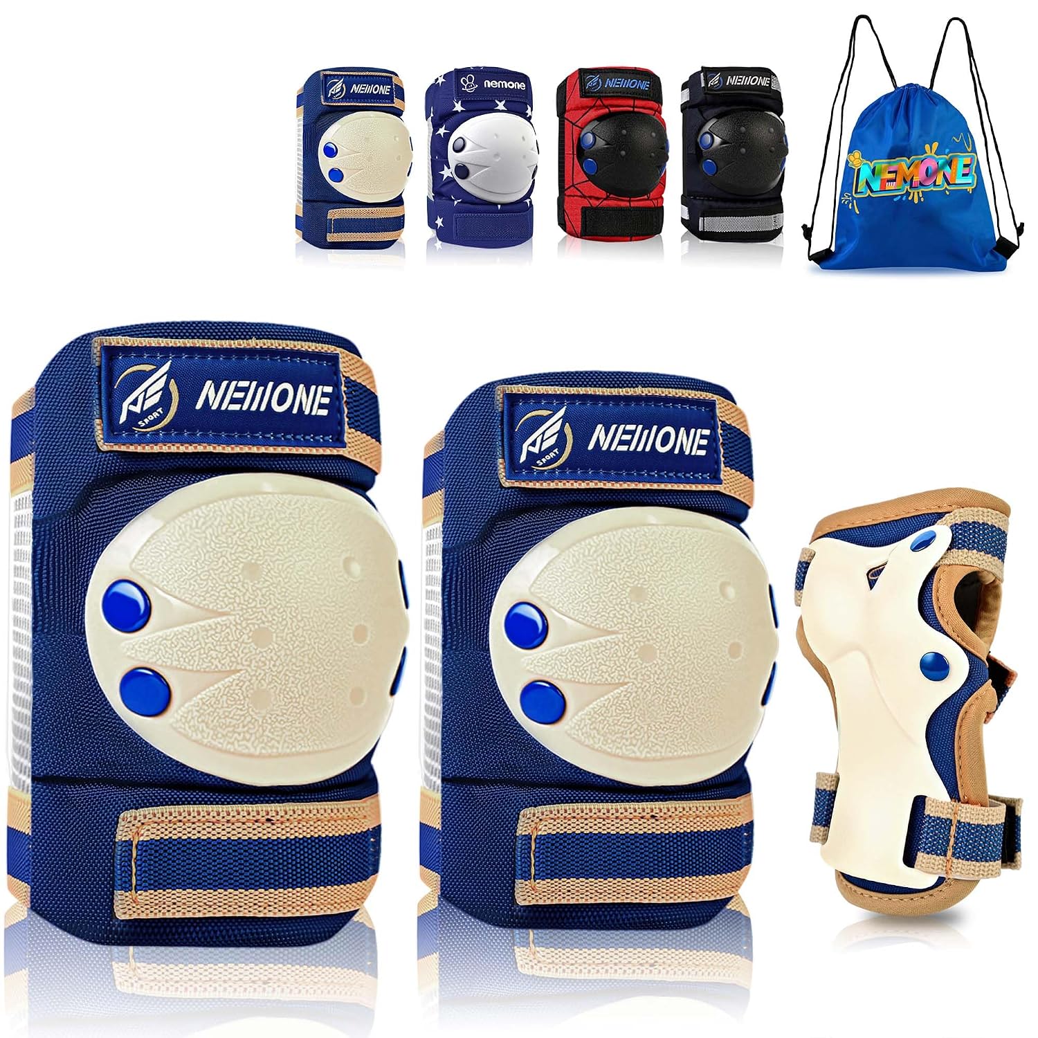 Knee Pads for Kids, Girls Boys Knee Elbow Pads Wrist Guards with Drawstring Bag, Adjustable Reflective Protective Gear Set for Roller Skates Bike Cycling Skateboard Scooter – Brown S