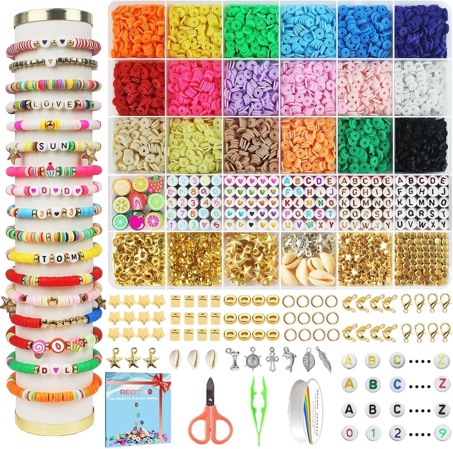 Redtwo 5100 Clay Beads Bracelet Making Kit, Flat Preppy Beads for Friendship Jewelry Making,Polymer Heishi Beads with Charms Gifts for Teen Girls Crafts for Girls Ages 8-12 | Flat Preppy Polymer Beads with Charms Gifts for Teen Girls Crafts for Girls Ages 8-12