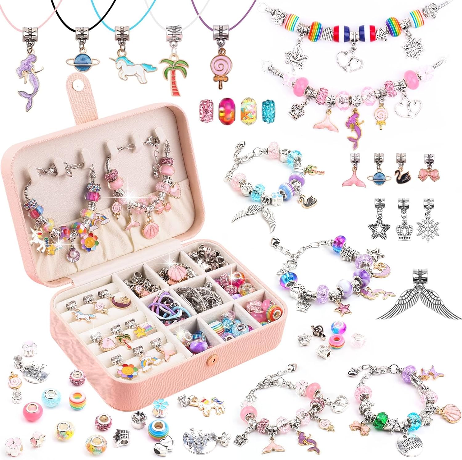 UFU Charm Bracelet Making Kit, 120Pcs DIY Jewelry Making Kit Arts & Crafts Gift for Girls 5 6 7 8-12, A Sweet Birthday Gift & Toy to Inspire Imagination & Creativity, with Portable Jewelry Box